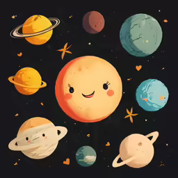 the planets with faces drawn and eyes drawn by hand
