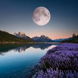 a lake with a mountain in the background and moon above it