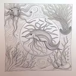 a drawing with seaweed and a fish inside of it