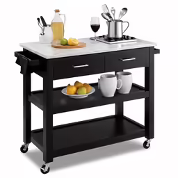 a kitchen island with white marble top