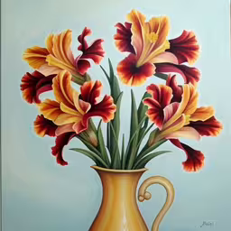 a painting of colorful flowers in a yellow vase,a painting of a vase with flowers in it,a painting with flowers in a yellow vase,a painting of a jug filled with flowers,painting on canvas of yellow and red flowers in a pitcher