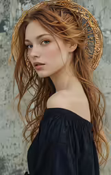 a woman in a black shirt is standing near a wall
