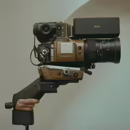 someone holding a professional video camera in their hand