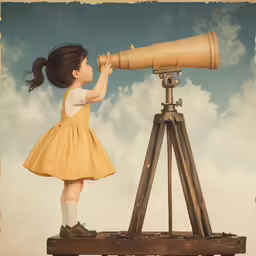 a child looks into an telescope to see where the stars are