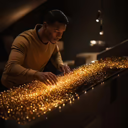 a man in gold is holding a sparkle stick