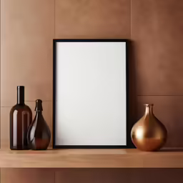 bottles sitting next to two vases and a blank picture frame