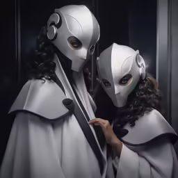 two people with headphones, one wearing a white suit