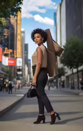 the woman is wearing heels with her handbag