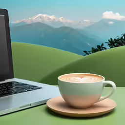 a laptop sits next to a cup of coffee