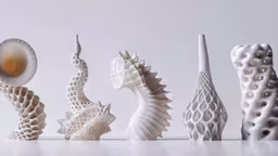 an array of various vases with different shapes and sizes,an array of sculptures from one of the artist