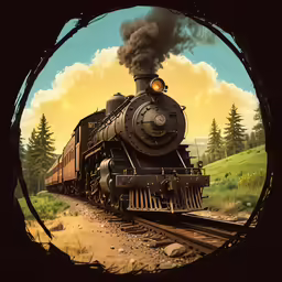 an image of a black train passing through the landscape