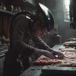 an industrial woman putting raw meat on a cutting board