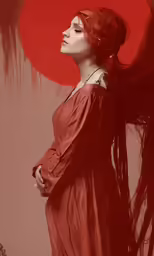 a woman with long hair standing by a red wall