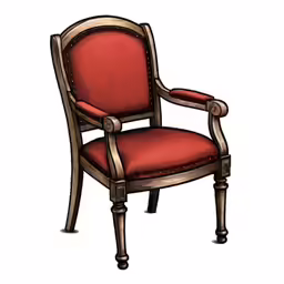 the old armchair is red and brown