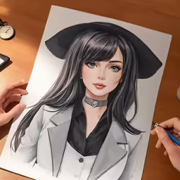 a drawing of a woman wearing a black hat