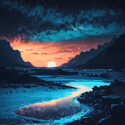 the sun sets over some mountains and the water,a painting depicting the night sky in a scenic scene