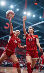 two women in red uniforms are playing basketball