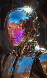 a robot with a blue face and yellow eyes