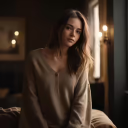 woman sitting on a bed with a beige sweater on