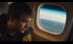 a man staring out of an airplane window as it flies over earth