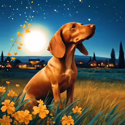 a painting of a dog with his eyes closed in the grass, with the moon in the distance
