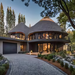 the large, curved home has a walkway leading up to it