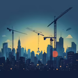 the sun is seen through cranes in a city