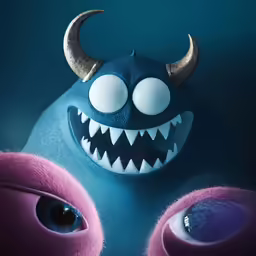 an animation character wearing large, demonish fangs