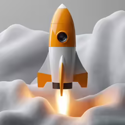 an orange and white toy rocket taking off from a white blanket