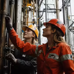two women wearing hard hats standing next to each other