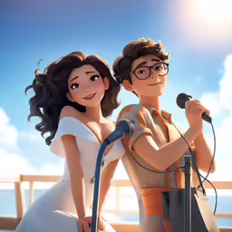 two people wearing white outfits standing near a mic and microphone
