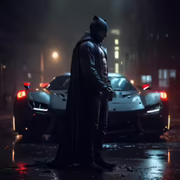 the man is standing in the street near the sports car