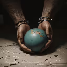 a pair of hands hold a blue ball