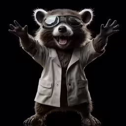 a raccoon wearing glasses, a jacket, and some boots