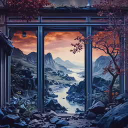 an art work with a large window and trees