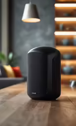 the speaker sits on a table in the kitchen