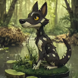 a black and white dog statue sitting on a green plant