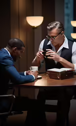 a couple of men are sitting at a table