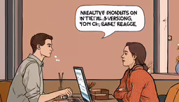 a woman and a man talking while they are on their laptops,the cartoon is on top of an image, and it appears to be talking