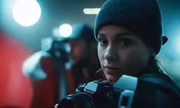 a woman holding up a camera in front of a man