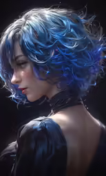 a close up of a person wearing a dress and short hair