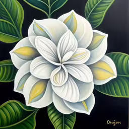 a painting of a white flower with green leaves,a painting of a white flower with green leaves