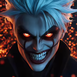 a man with bright eyes, blue hair and dark makeup
