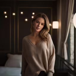 the woman is wearing a tan top and standing near a bed