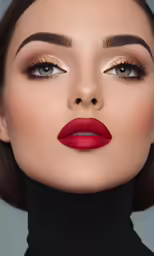 a woman with red lips and golden eyeliners