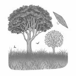 a black and white picture with a tree, bird and umbrella