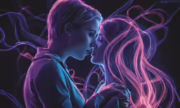 two women are touching each other on a purple background