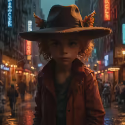 a young boy wearing a hat while standing in the rain