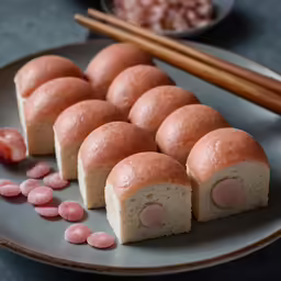 several pink candies on a gray plate with chopsticks