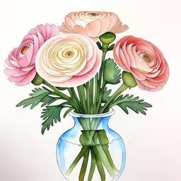 watercolor painting of pink and white flowers inside a glass vase,a painting of flowers in a glass vase